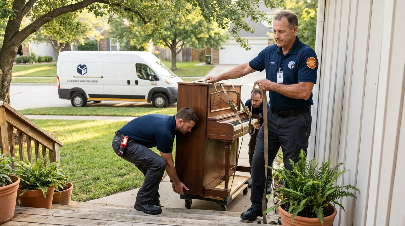 Licensed piano movers securing grand piano in Cannon Beach, OR