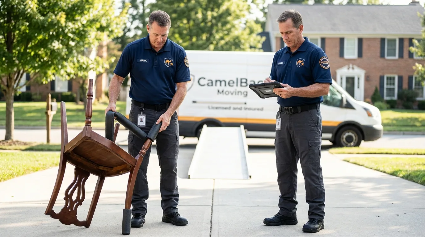Movers inspecting furniture for damage prevention before loading in Cannon Beach, OR